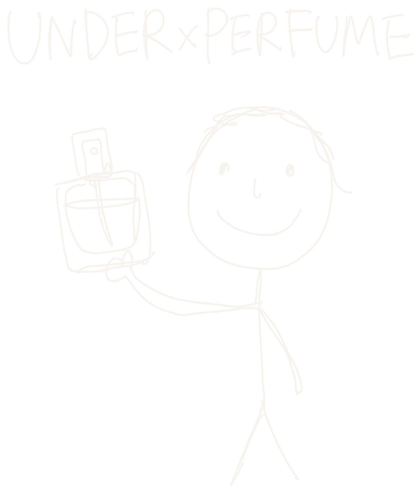 Transparent hand-drawn character holding an UNDER x PERFUME bottle